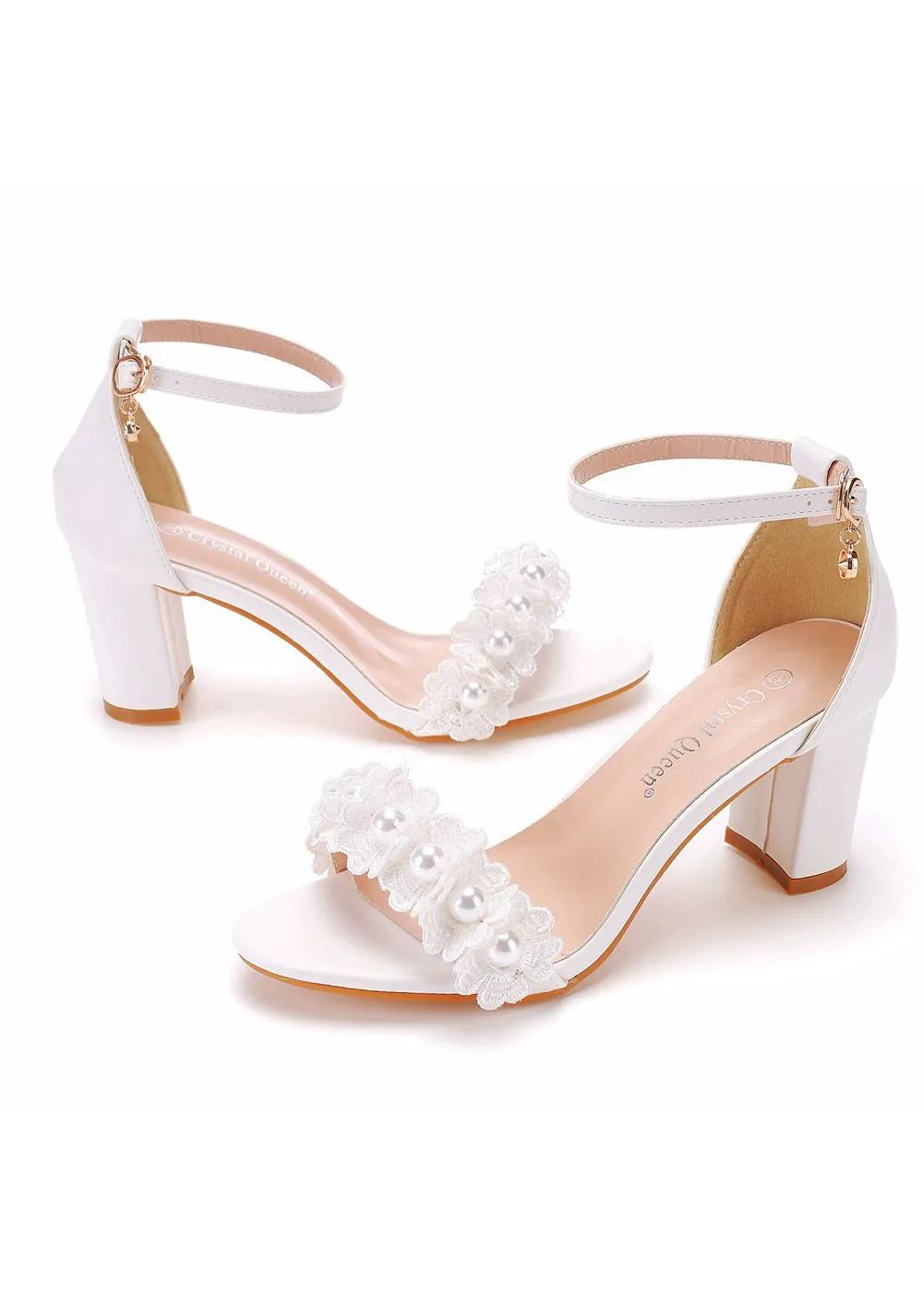 7 cm Square Heel Beaded Flower Sandals