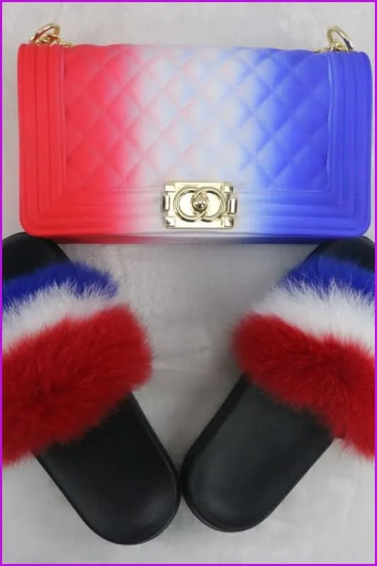 American Flag Red White Blue Fur Slides & Bag Set F727 B15