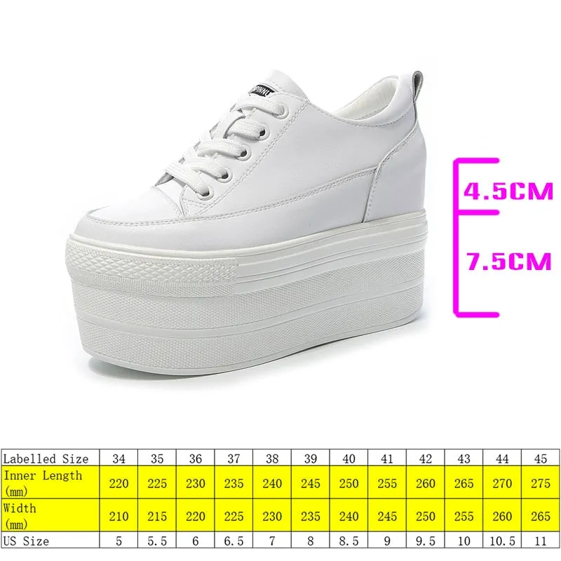 Amozae  12Cm Genuine Leather Women Vulcanized Shoes Leather Platform Wedge High Heels White Shoes Lace Up Increase Casual Shoes