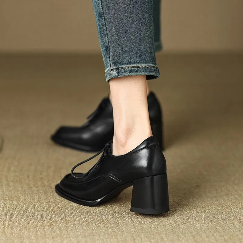 Amozae 2023 Spring Women Loafers Split Leather Pumps Women Round Toe Square Heel Women Shoes Casual High Heel Shoes Women Lace-up Shoes