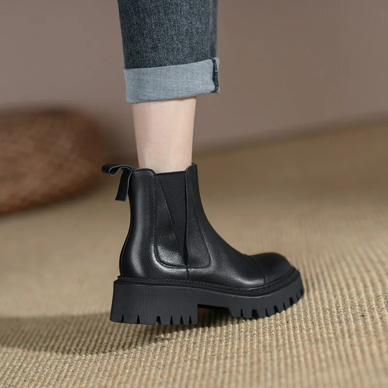 Amozae- 2024 Autumn/Winter Fashion Women Boots Thick Heel Two Colors Retro Chelsea Boot Cow Leather Women Platform Boot Flat Women Shoes