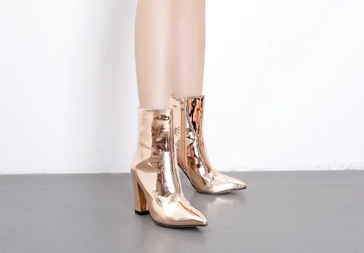 Amozae- 2024 Fashion Gold Silver Patent Leather Women Ankle Boots Pointed Toe Square Heel Boots Stiletto Women Pumps Chelsea Boots