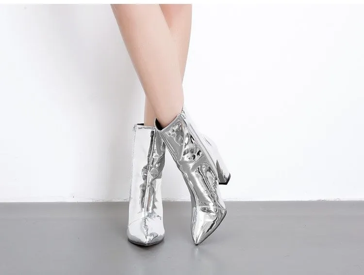 Amozae- 2024 Fashion Gold Silver Patent Leather Women Ankle Boots Pointed Toe Square Heel Boots Stiletto Women Pumps Chelsea Boots