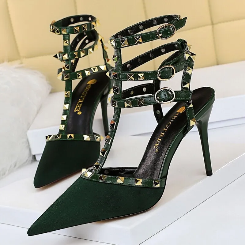 Amozae--2024 Summer Women Fetish 9cm High Heels Rivets Valentine Sandals Lady Sandles Blue Green Flock Heels Gladiator Stripper Shoes