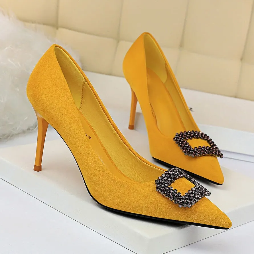 Amozae-2024 Women 8.5cm High Heels Blue Pumps Pointed Toe Elegant Lady Shoes Crystal Scarpins Yellow Prom Jeans Wedding Bridal Heels