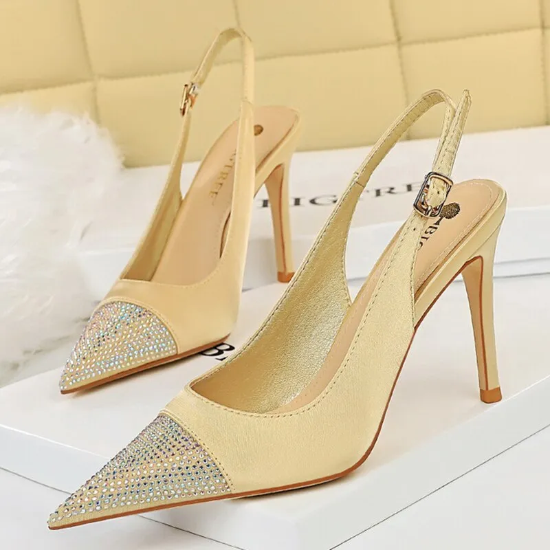 Amozae-2024 Women Crystal 9.5cm High Heels Sandals Wedding Green Stripper Cap Toe Stiletto Heels Slingback Sandles Satin Silk Red Shoes