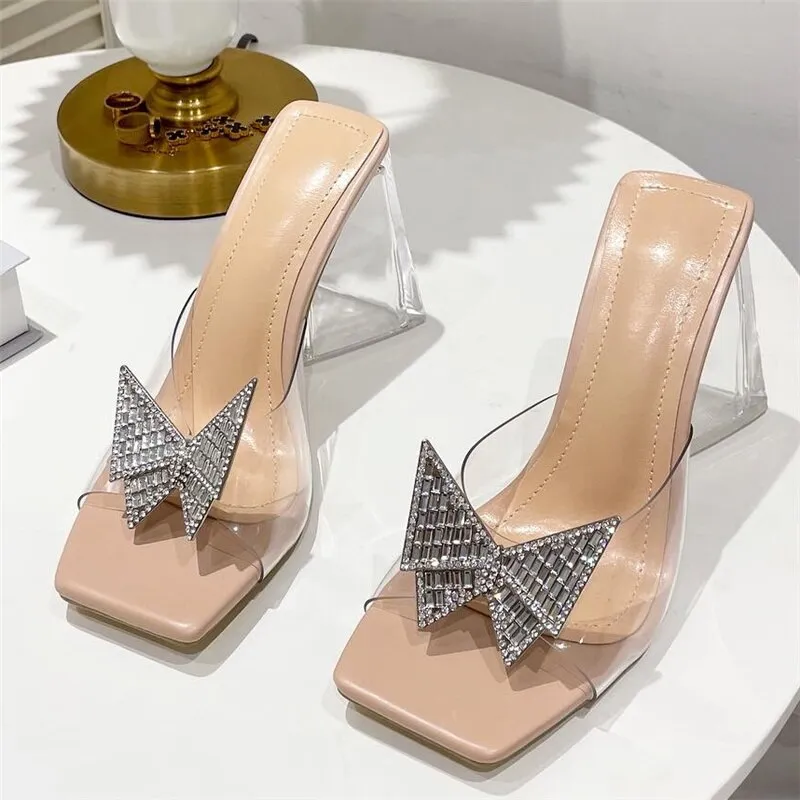 Amozae-2024 Women Luxury Design 10cm High Heels Slides Mules Summer Transparent Pink Crystal Block Heels Slippers Party Chunky Shoes