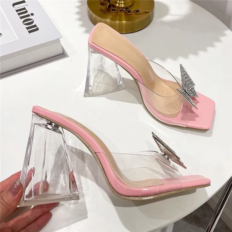 Amozae-2024 Women Luxury Design 10cm High Heels Slides Mules Summer Transparent Pink Crystal Block Heels Slippers Party Chunky Shoes