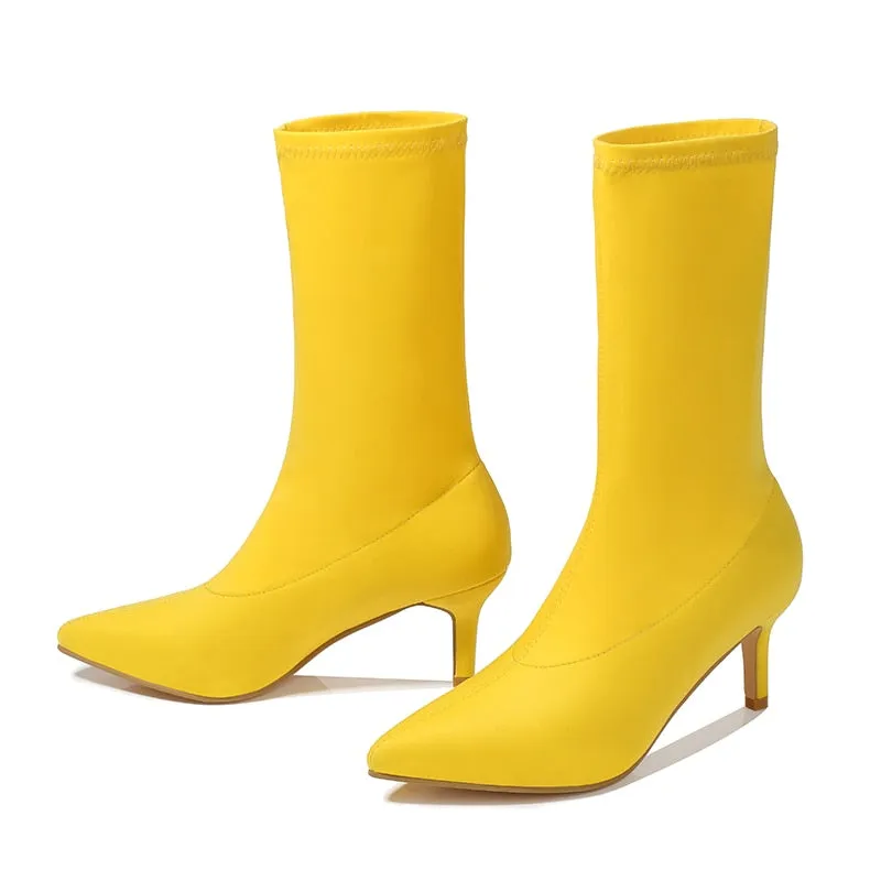 Amozae-2024 Women Stretch Yellow Sock Boots 7cm High Heels Short Ankle Boots Lady Combat Kitten Low Heels Fetish Stripper Blue Shoes