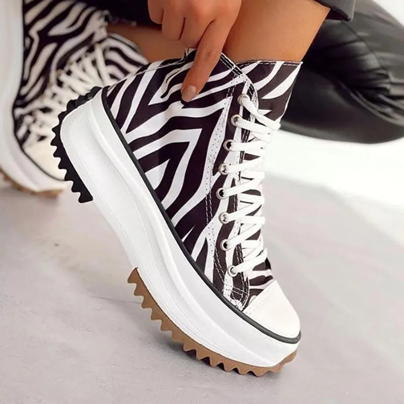 Amozae-Back to College 2024 Women Canvas Shoes Comfort Platform High Top Female Casual Sneakers Fashion Zebra Pattern Lace Up Lady Sports Shoes