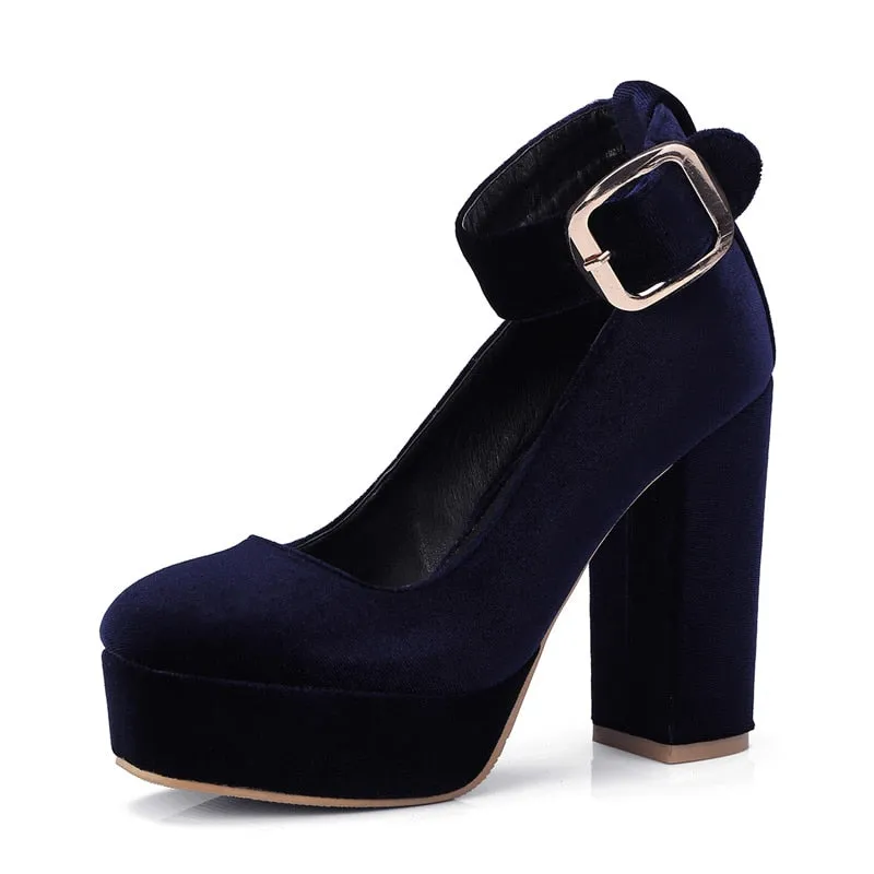 Amozae- Fashion Velvet Female High Heels Shoes     Designer Black Blue Womens Heels Round Toe Platform Pumps Women Mary Jane Shoes