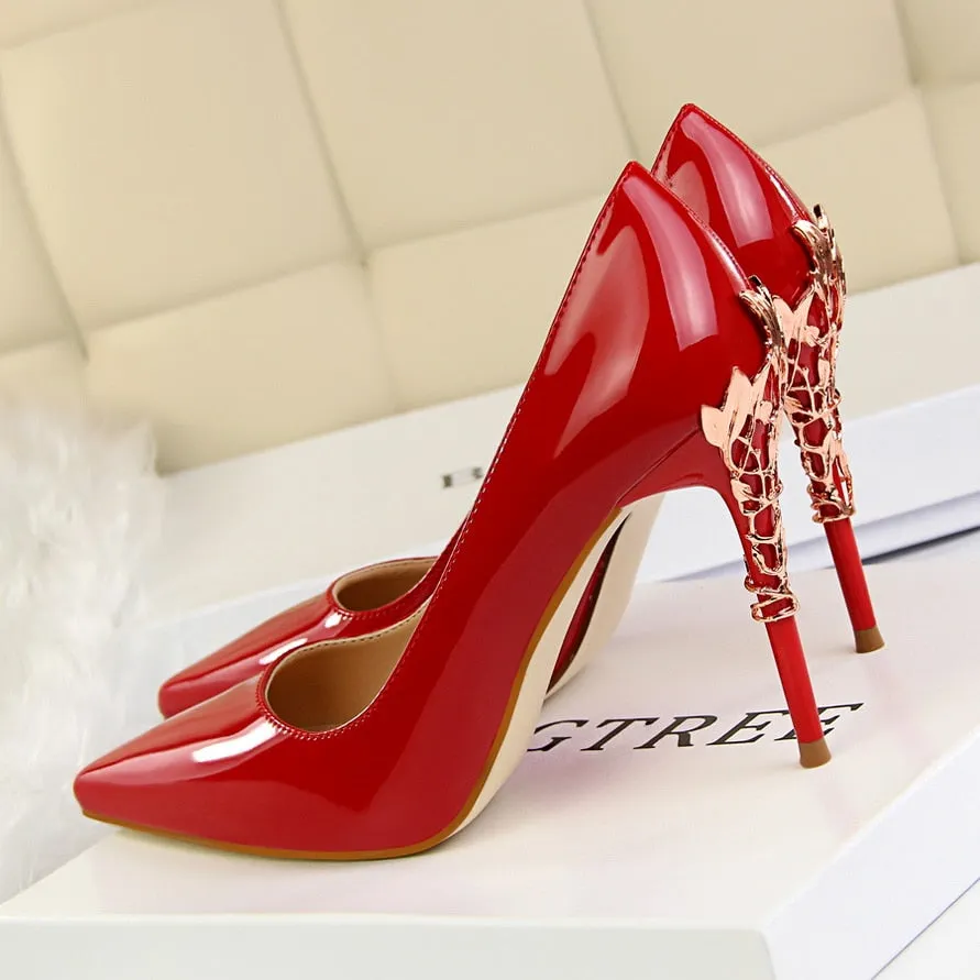 Amozae- Fashion Women   10cm High Heels Pumps Lady Designer Metal Carving Heels Gold Wedding Bridal Female Prom Party Red Shoes