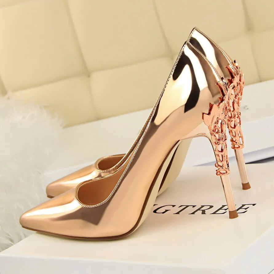 Amozae- Fashion Women   10cm High Heels Pumps Lady Designer Metal Carving Heels Gold Wedding Bridal Female Prom Party Red Shoes