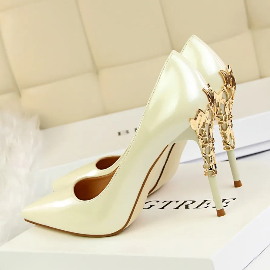 Amozae- Fashion Women   10cm High Heels Pumps Lady Designer Metal Carving Heels Gold Wedding Bridal Female Prom Party Red Shoes