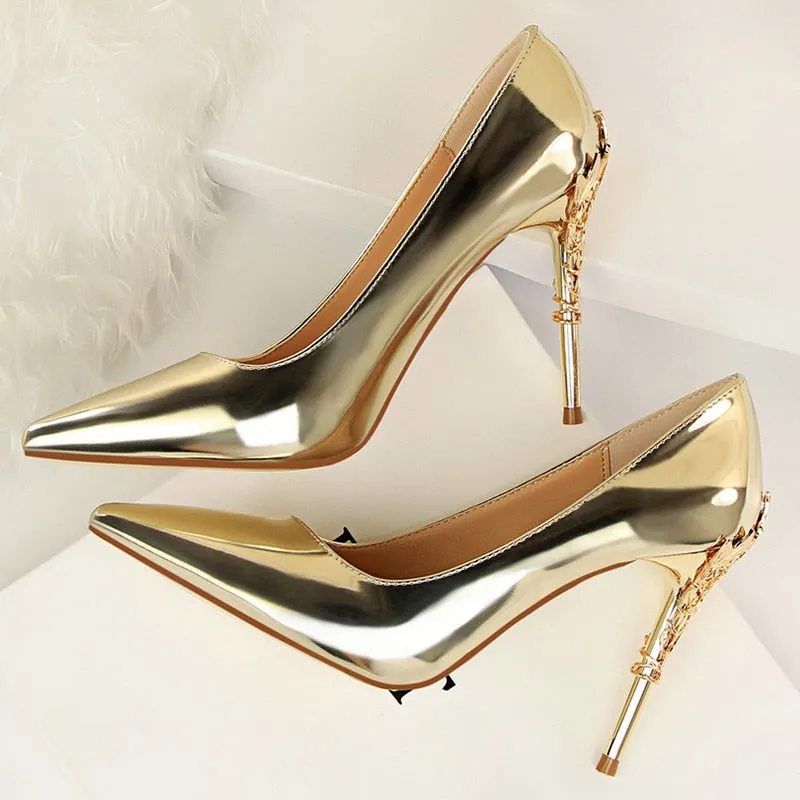 Amozae- Fashion Women   10cm High Heels Pumps Lady Designer Metal Carving Heels Gold Wedding Bridal Female Prom Party Red Shoes