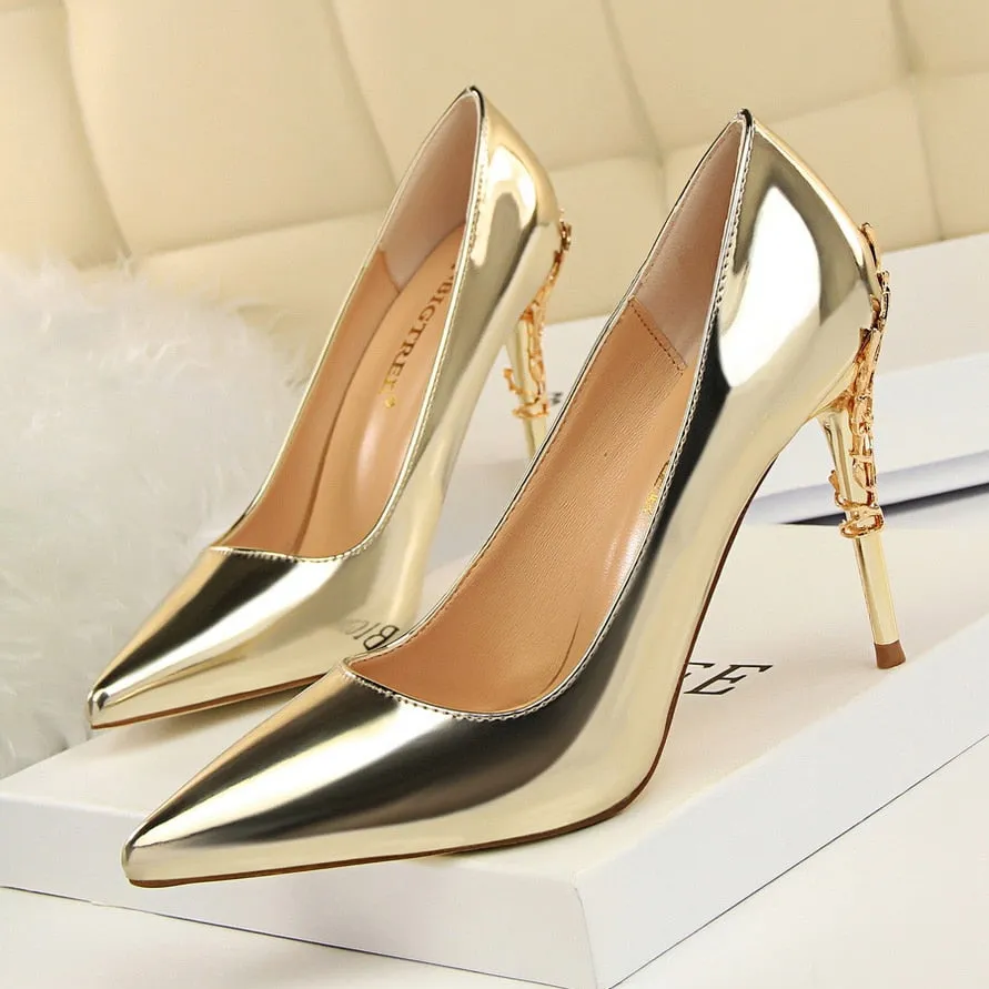 Amozae- Fashion Women   10cm High Heels Pumps Lady Designer Metal Carving Heels Gold Wedding Bridal Female Prom Party Red Shoes