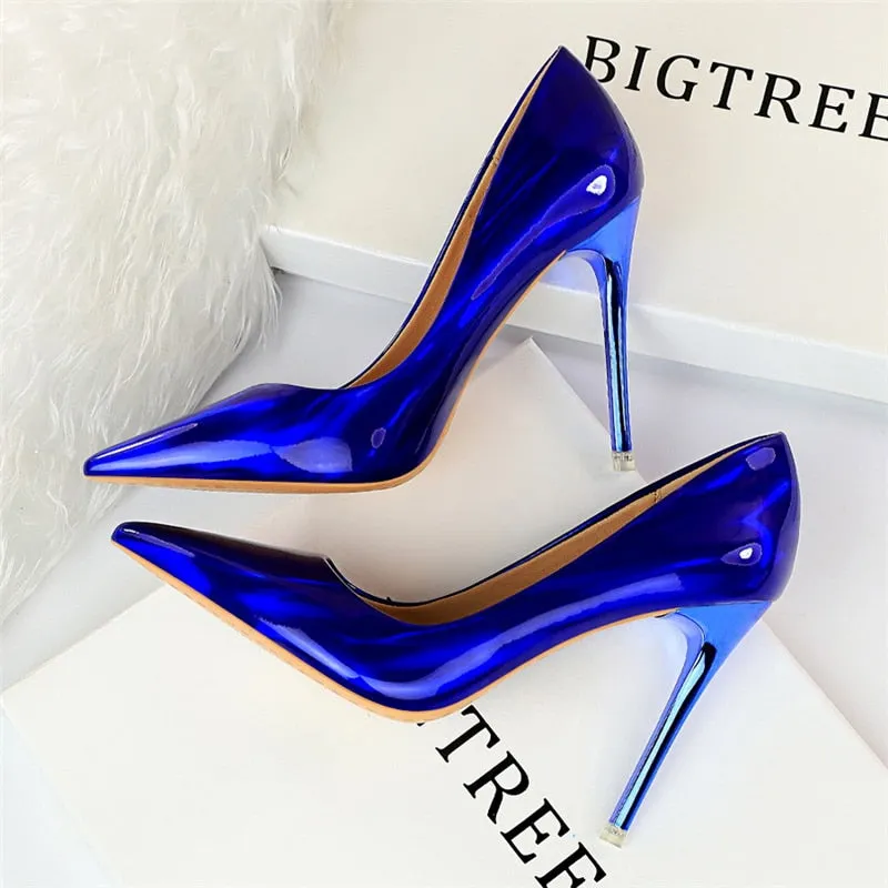 Amozae   Pumps Women Shoes High Heels 10.5cm Blue Green Patent Leather Stiletto Ladies Fetish Wedding Bridal Shoes Plus Size