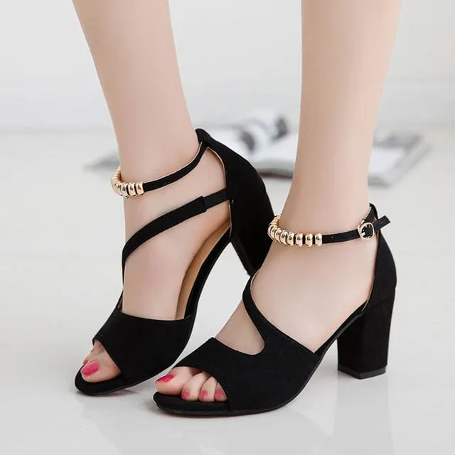 Amozae- spring summer   fish mouth hollow Roman sandals thick with word with beaded high heels female summer   female sandals