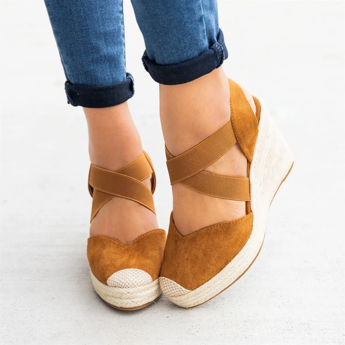 Amozae- Wedges Women Summer Sandals Thick Bottom Cross Elastic Band High Heel Casual Plus Size Beach Party Ladies Sandals