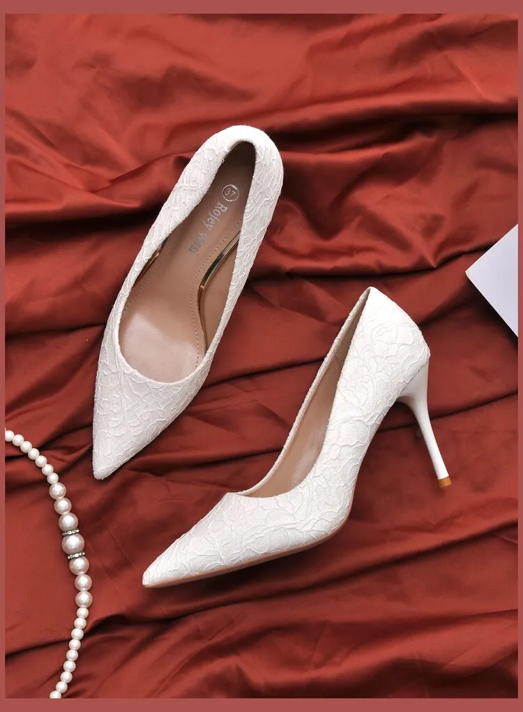 Amozae-  White High Heels Stiletto 2024 New  Bridesmaid Lace Wedding Shoes Dress Banquet Pumps Plus Size Small Women Shoes