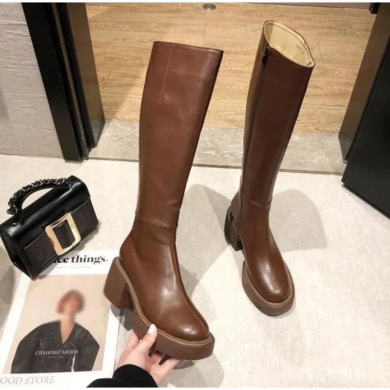 Amozae-Women's Fashion Thigh High Long Boots Solid Square Heels Ladies Shoes Autumn Winter Soft Leather Zip Female Knee High Boots 2024