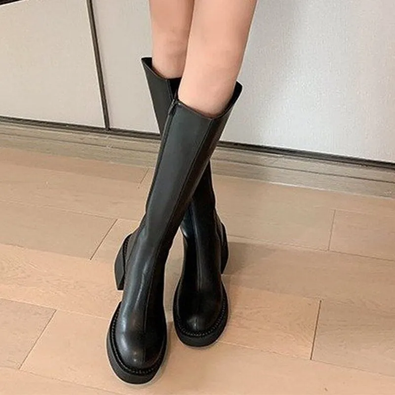 Amozae-Women's Fashion Thigh High Long Boots Solid Square Heels Ladies Shoes Autumn Winter Soft Leather Zip Female Knee High Boots 2024