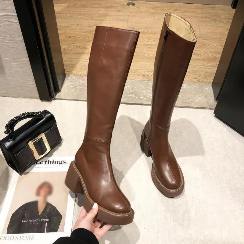 Amozae-Women's Fashion Thigh High Long Boots Solid Square Heels Ladies Shoes Autumn Winter Soft Leather Zip Female Knee High Boots 2024