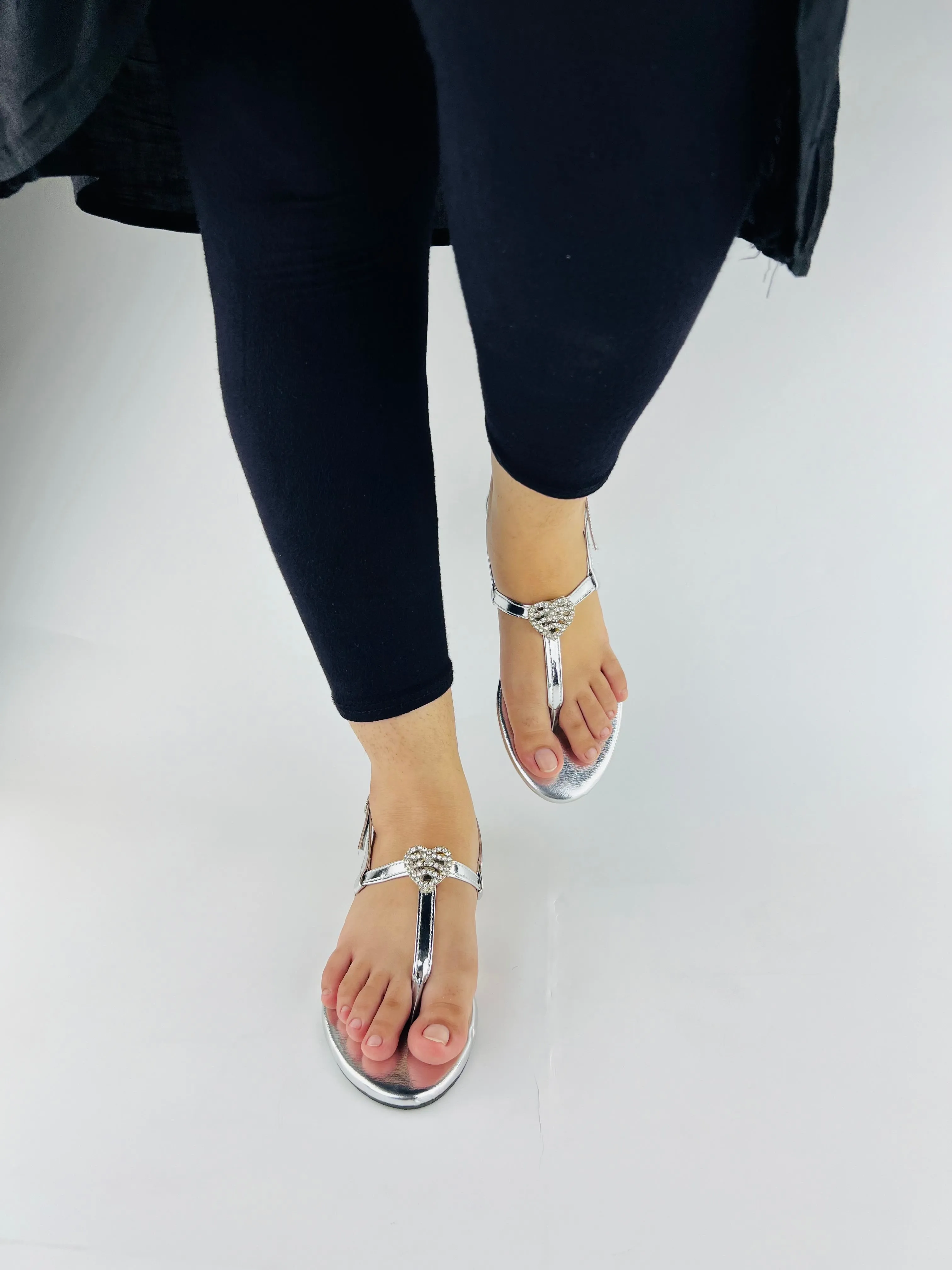 Anya T-Strap Silver Thong Sandals with Buckle Closure