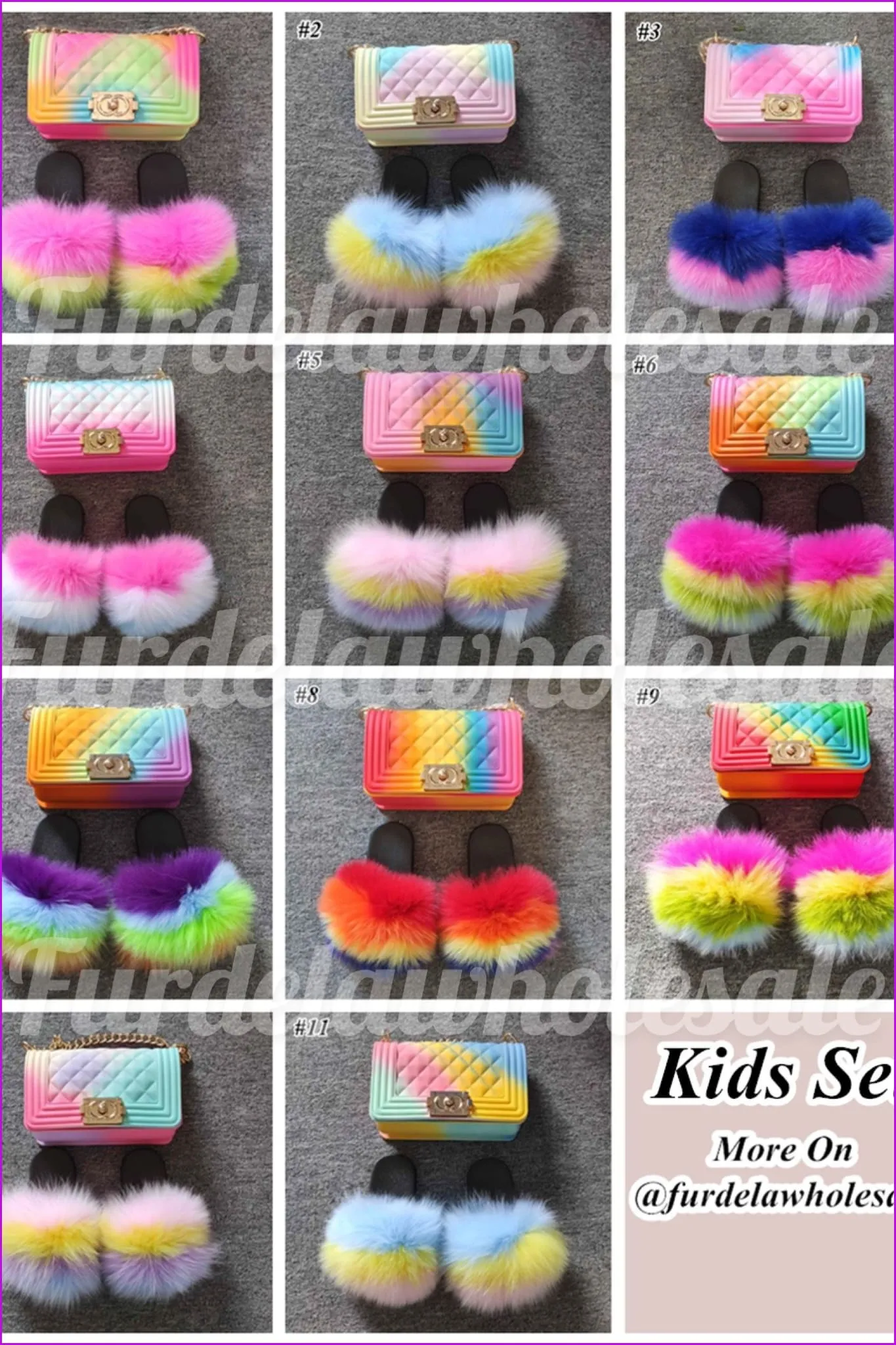 Blue Pink Purple Kids Fluffy Slides & Purse Set #3 F873