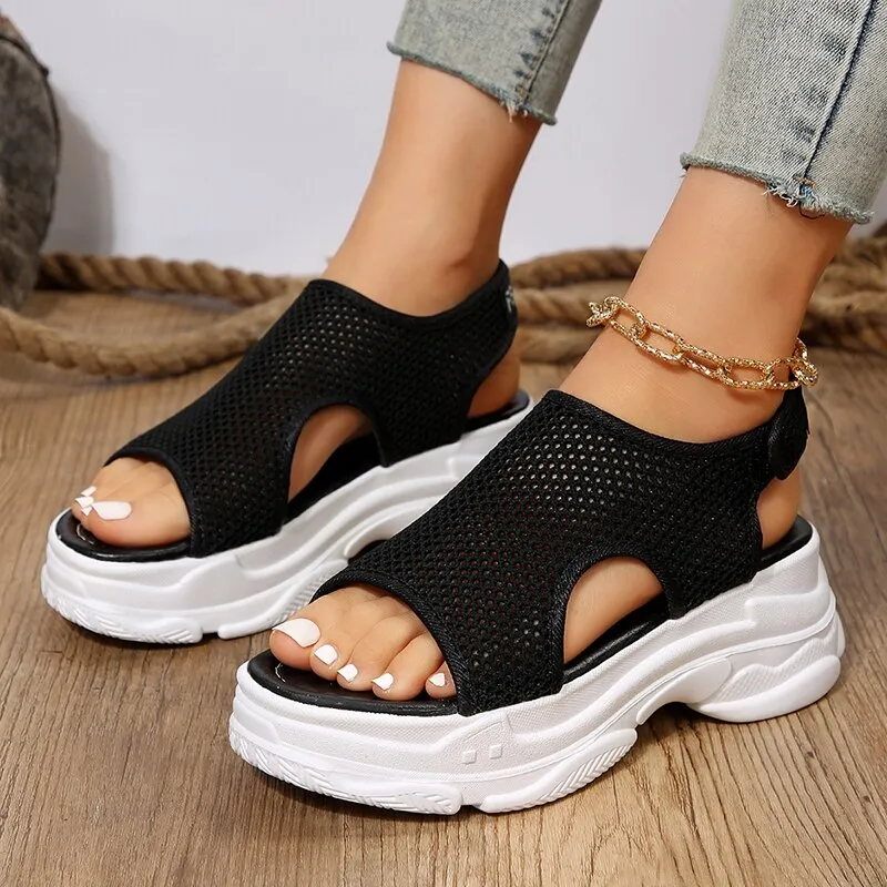 Breathable Mesh Chunky Platform Sandals Women 2023 Summer Hollow Out Wedge Heels Sandals Woman Non Slip Thick Soled Casual Shoes