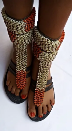 Brown and gold beaded high length leather handmade gladiator sandals with free shipping