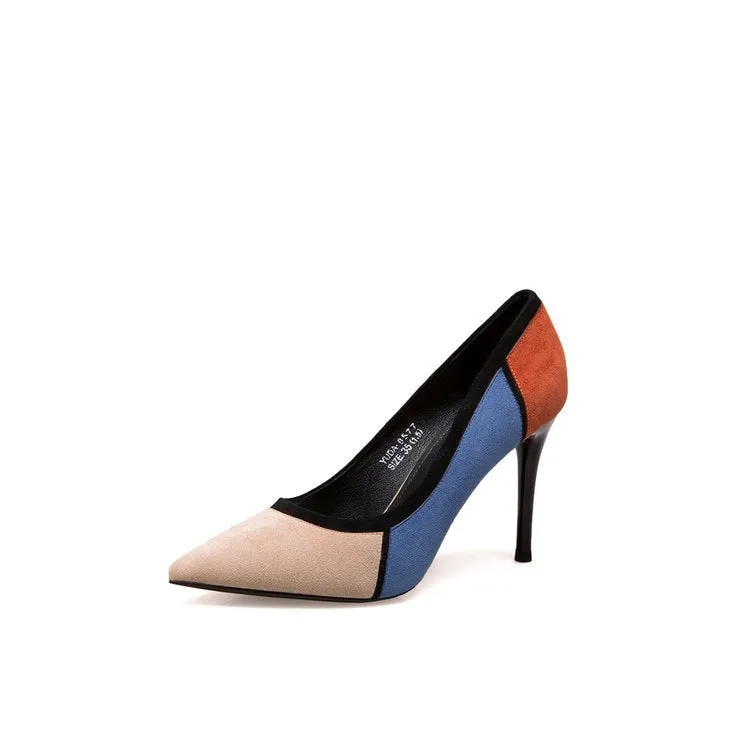 Color Block Round Toe Low Cut High Heels