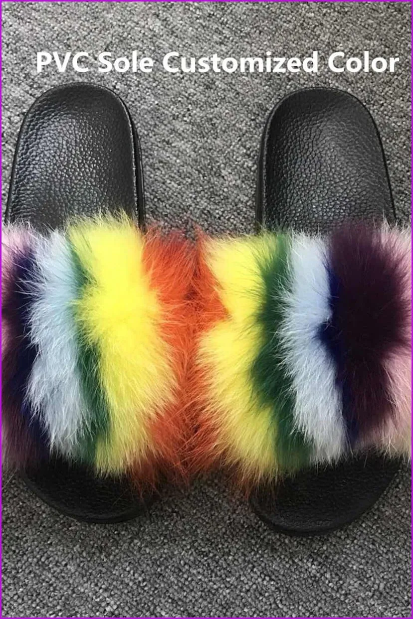 Customized PVC Normal Fluffy Fox Fur Slides F014