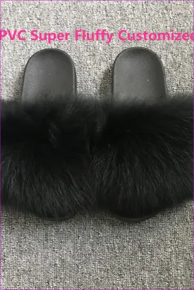 Customized PVC Super Fluffy Fox Fur Slides F020