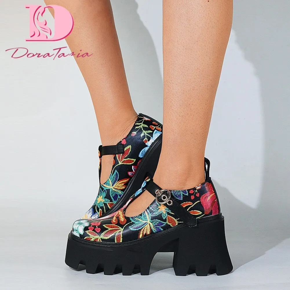 DoraTasia Big Size 35-43 Fashion Female Platform Spring Pumps Chunky High Heels Print Flower Pumps Women Party Shoes Woman