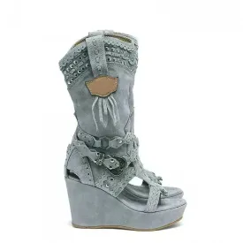 Fashion High Heel Canvas Denim Wedge  Sandals Hollow-out Women's Shoes