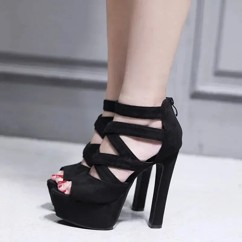 Fashionable Peep Toe Suede Cross Band Ankle Strap Ultra High Heel High Heel