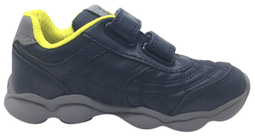 Geox Boy's Munfrey Leather Navy Grey Double Hook and Loop Strap Sporty Spiderweb Low Top Breathable Sneaker