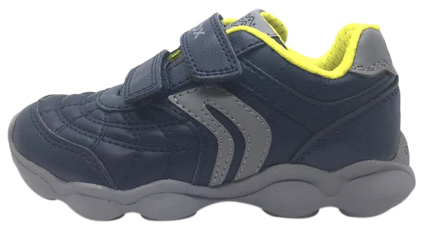 Geox Boy's Munfrey Leather Navy Grey Double Hook and Loop Strap Sporty Spiderweb Low Top Breathable Sneaker