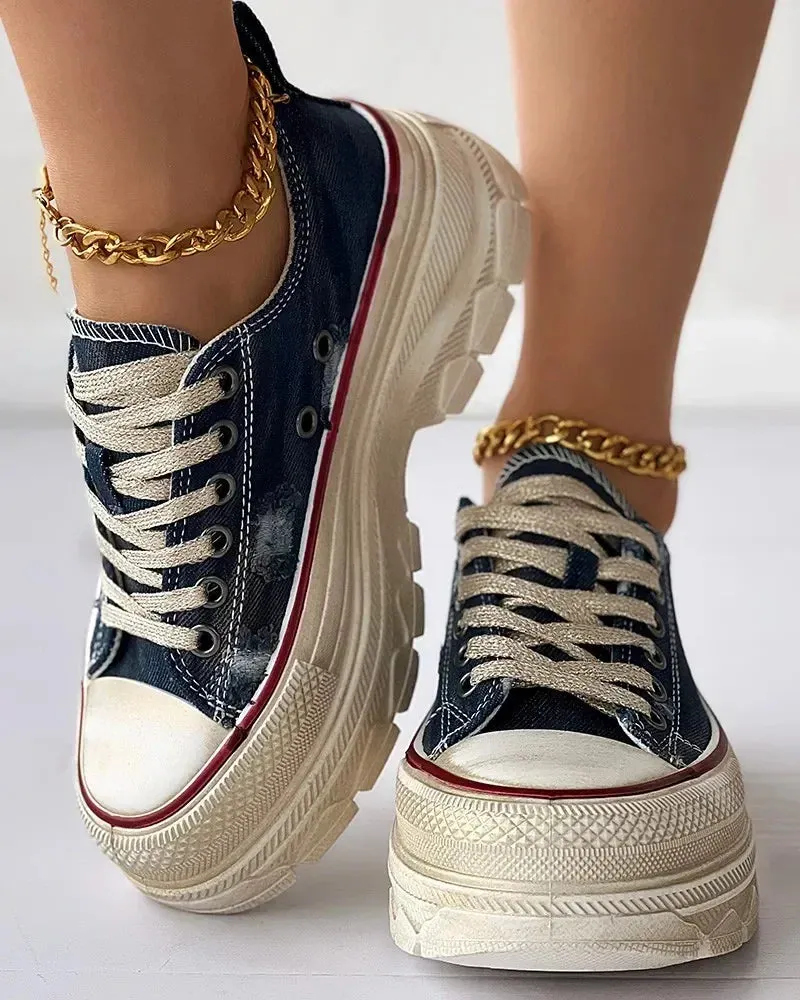 Hnzxzm Sneakers Women Lace-up Platform Casual Canvas Sneakers Denim Canvas Summer New Flats Platform Sport Running Women Shoes Walking