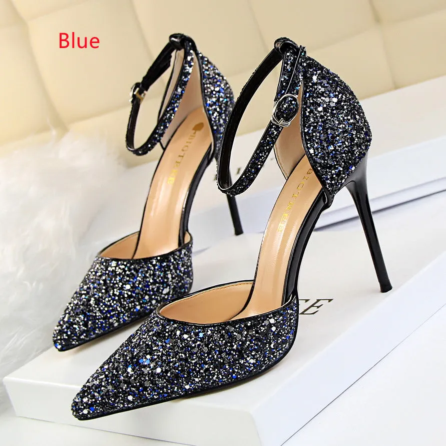 Hollow Sequined Pointed Toe High Heel Sandals