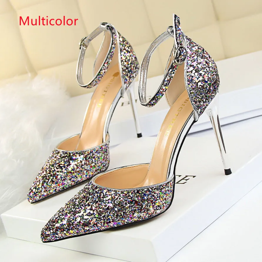 Hollow Sequined Pointed Toe High Heel Sandals