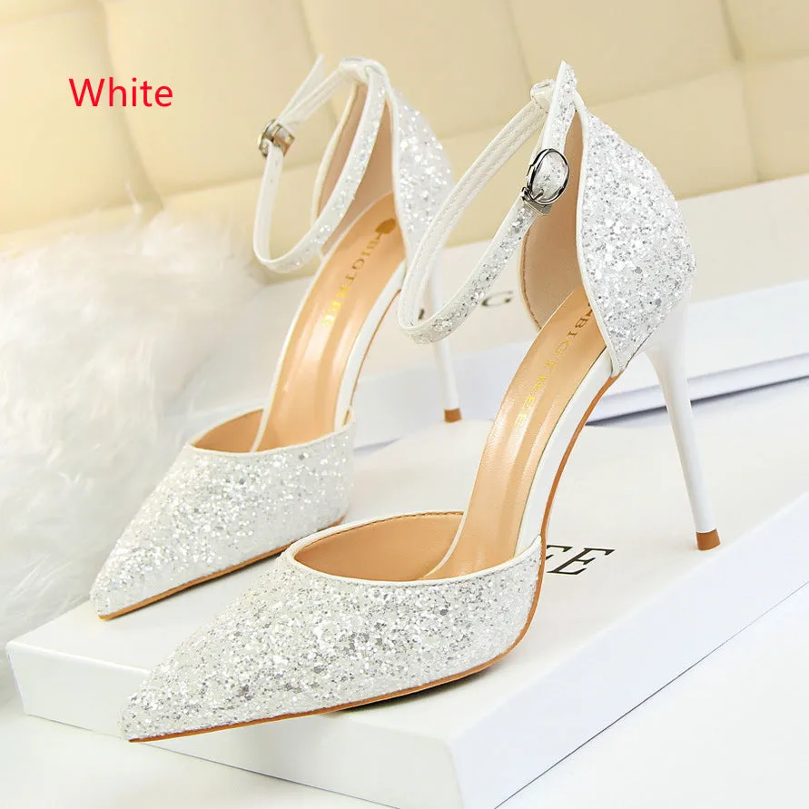 Hollow Sequined Pointed Toe High Heel Sandals