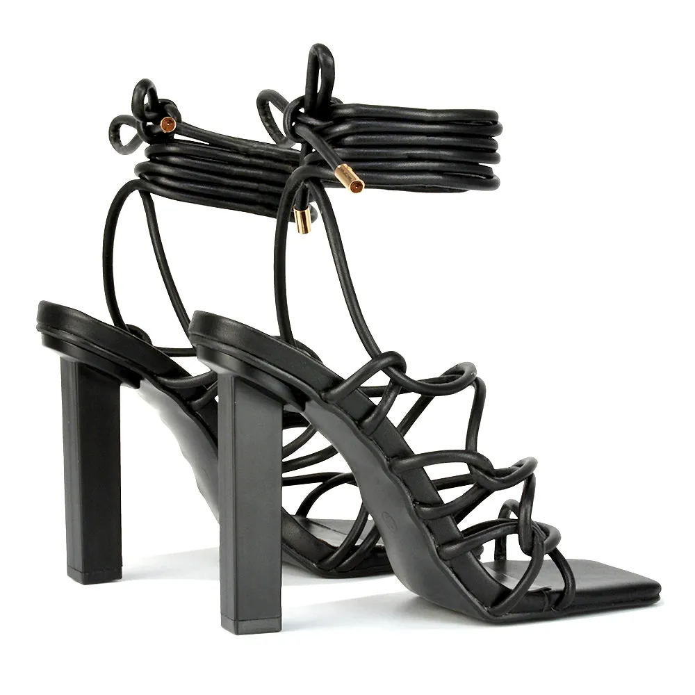 Jolene Strappy Square Toe Block High Heels Lace up Sandals in Black Synthetic Leather