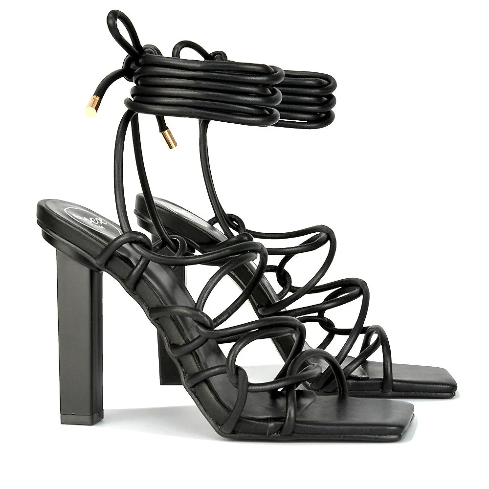 Jolene Strappy Square Toe Block High Heels Lace up Sandals in Black Synthetic Leather