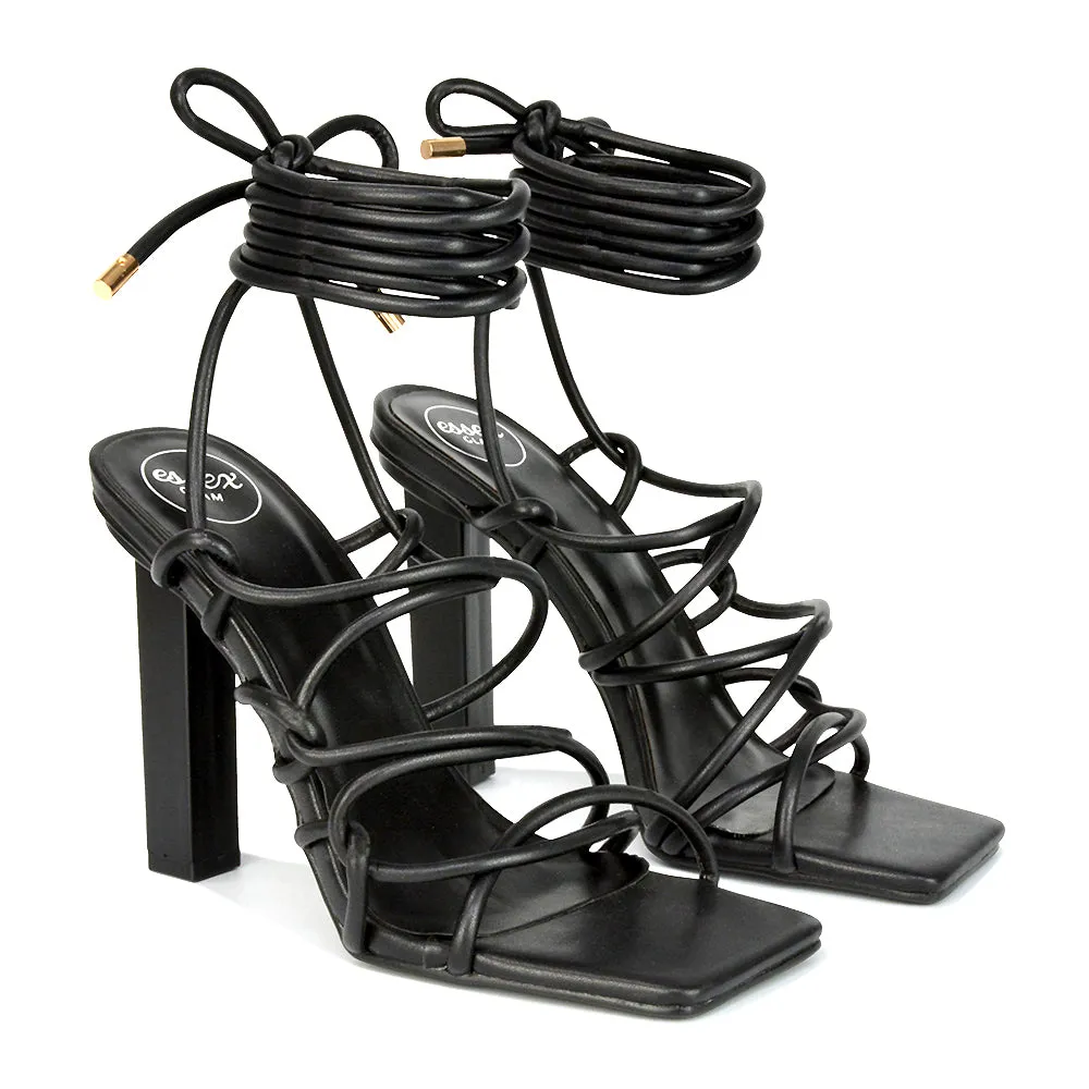 Jolene Strappy Square Toe Block High Heels Lace up Sandals in Black Synthetic Leather