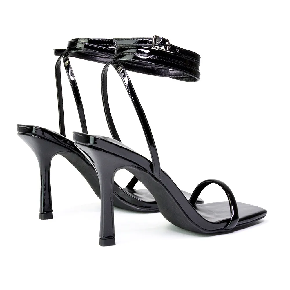 Jolie Square Toe Lace Up Strappy Sandal Stiletto High Heels in Black