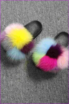 Kids Colorful Fox Fur Sliders F003