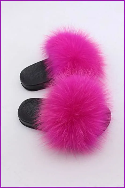 Kids Hot Pink Fox Fur Sliders F003