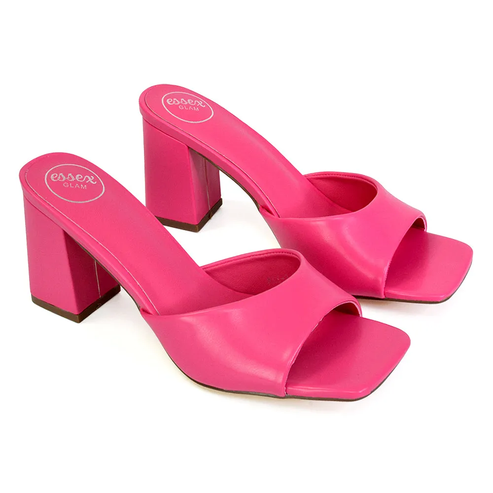 Lennon Square Toe Slip On Mid Block Heel Sandal Mule Sandals in Pink